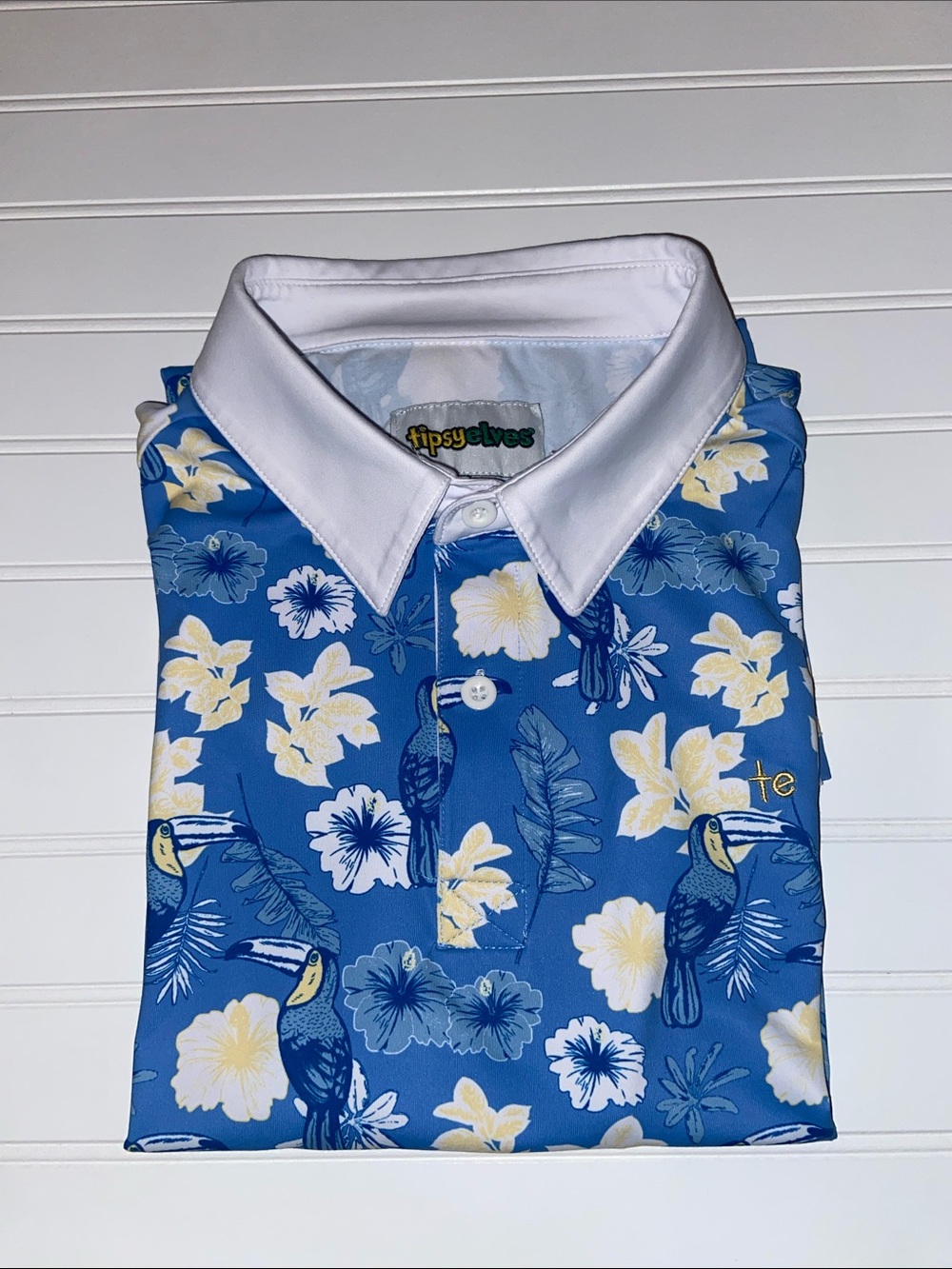 Tipsy Elves Toucan Short Sleeve Golf Polo Mens L Blue White Preppy Hawaiian